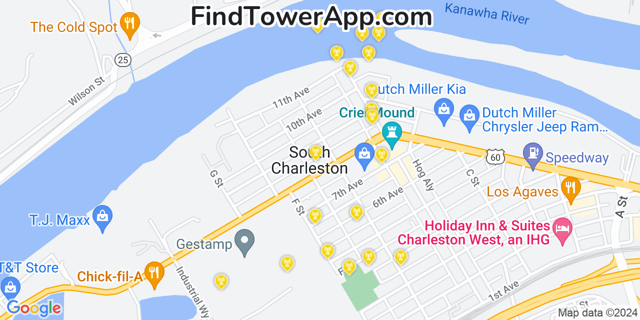 AT&T 4G/5G cell tower coverage map South Charleston, West Virginia