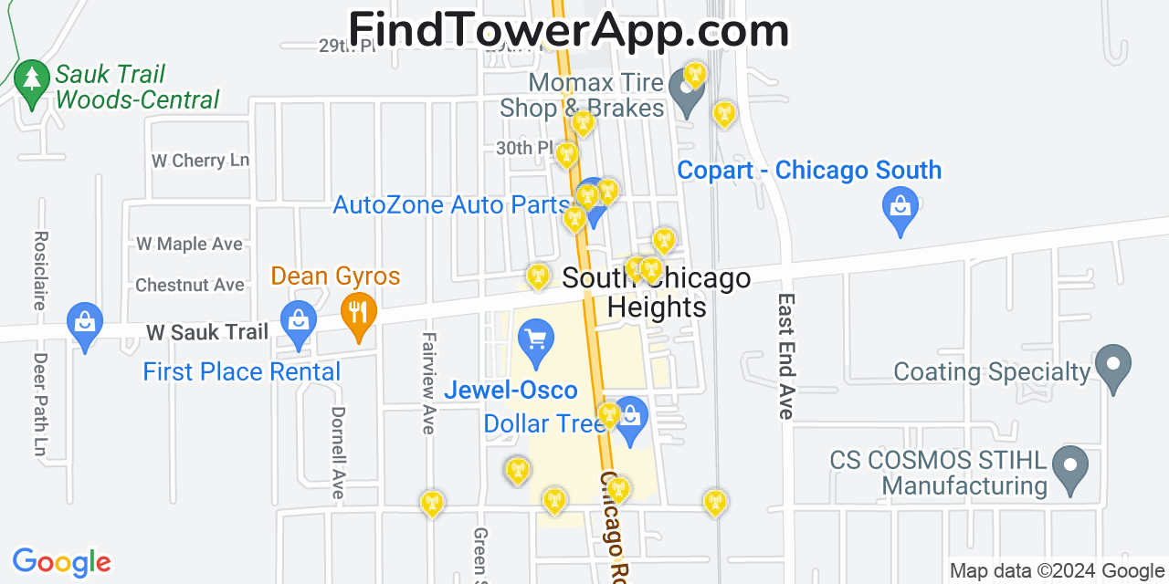 AT&T 4G/5G cell tower coverage map South Chicago Heights, Illinois