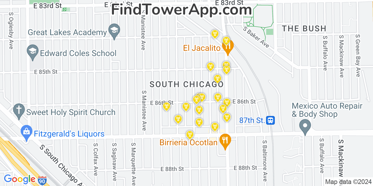 AT&T 4G/5G cell tower coverage map South Chicago, Illinois