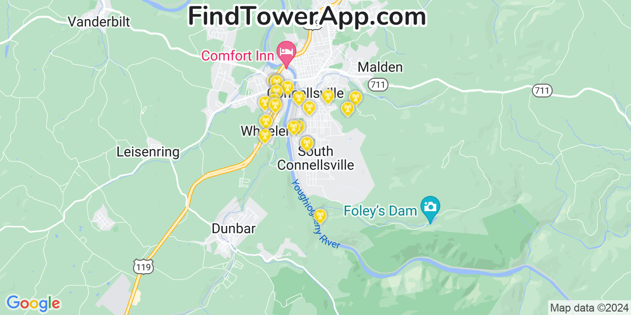 AT&T 4G/5G cell tower coverage map South Connellsville, Pennsylvania