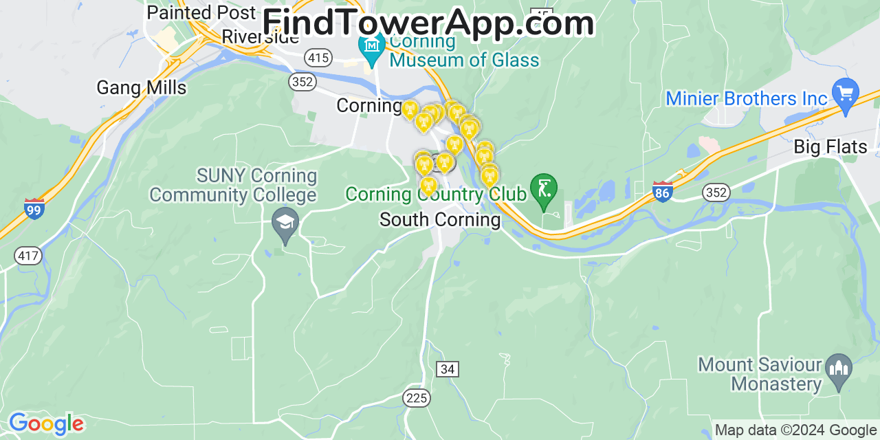 AT&T 4G/5G cell tower coverage map South Corning, New York