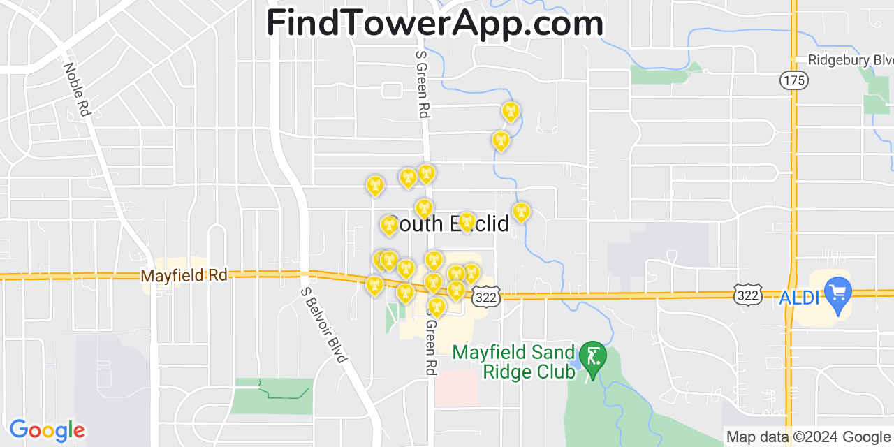 AT&T 4G/5G cell tower coverage map South Euclid, Ohio