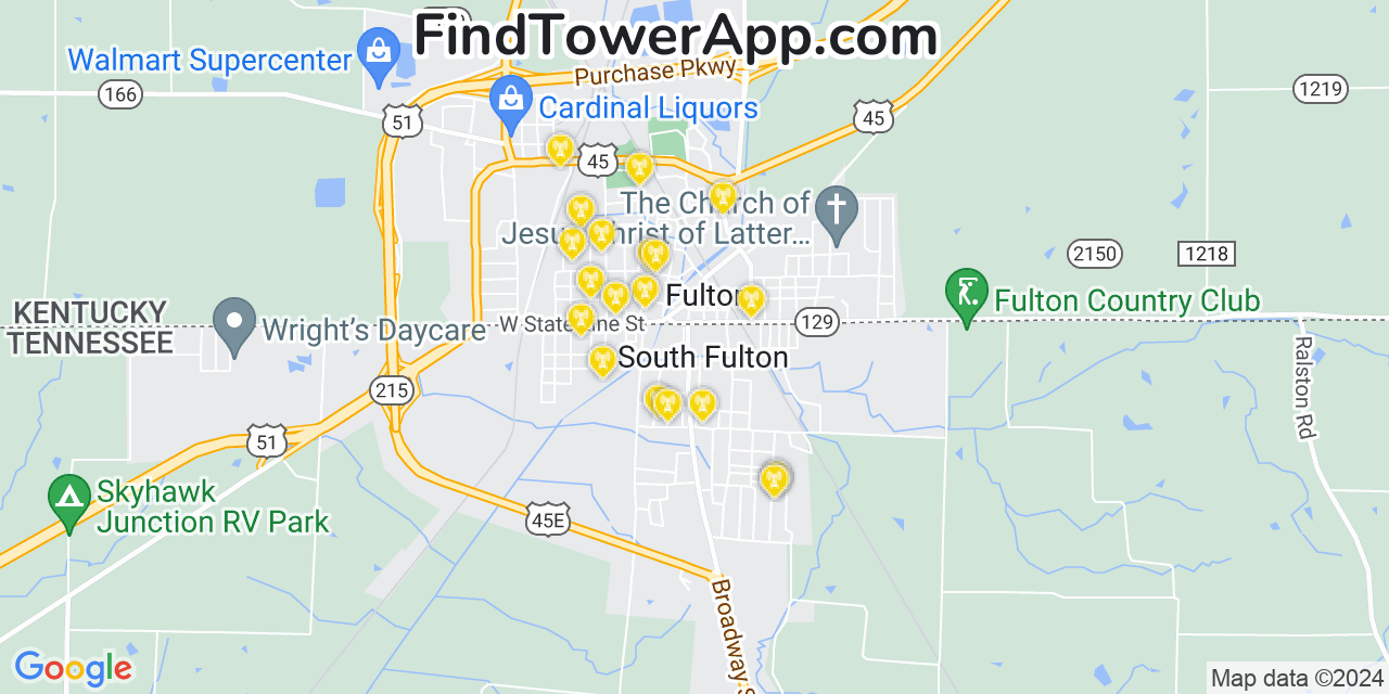AT&T 4G/5G cell tower coverage map South Fulton, Tennessee