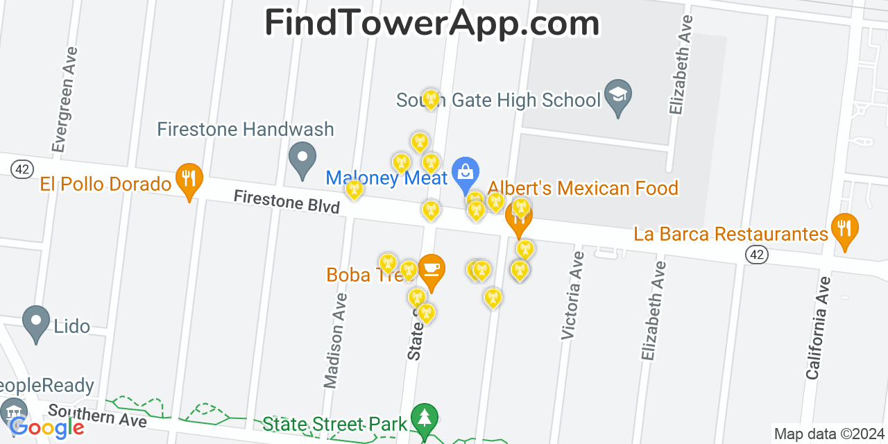 AT&T 4G/5G cell tower coverage map South Gate, California