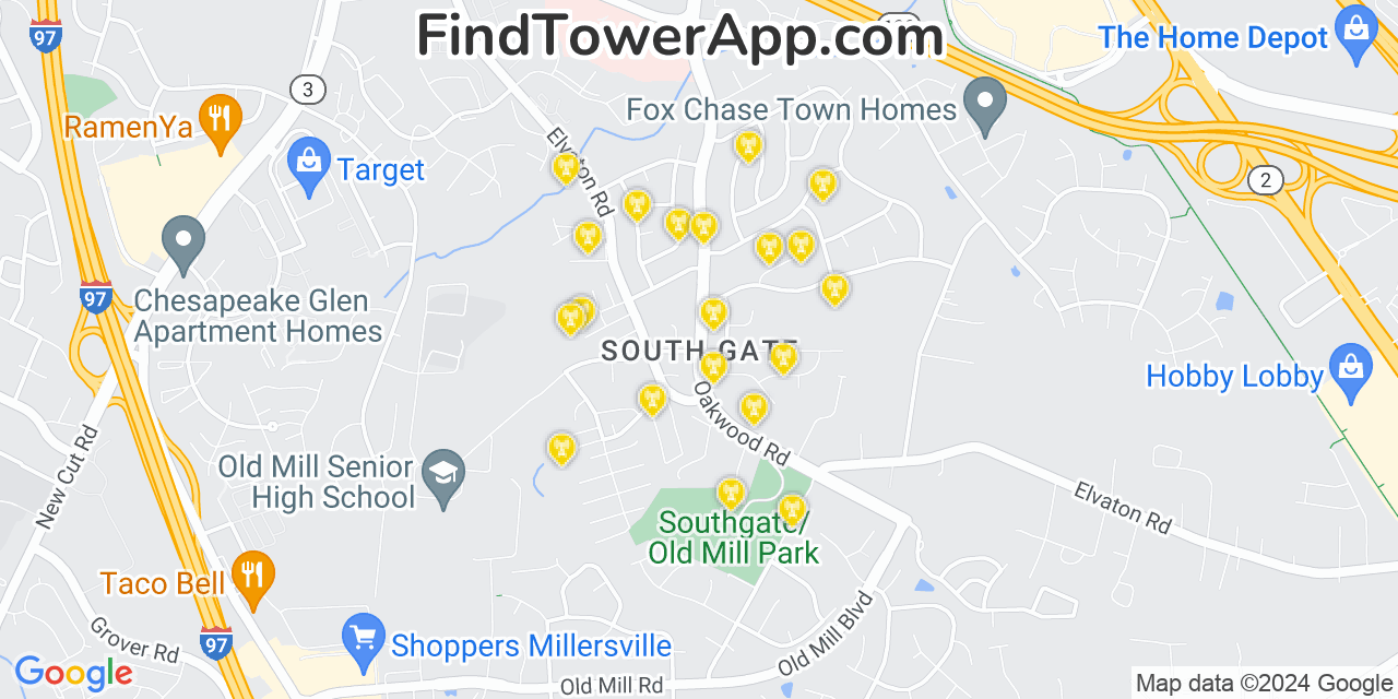 AT&T 4G/5G cell tower coverage map South Gate, Maryland