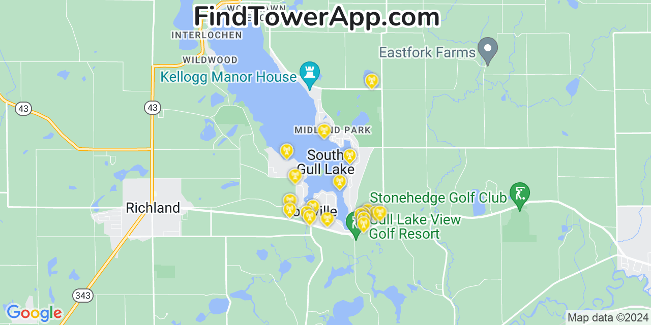 AT&T 4G/5G cell tower coverage map South Gull Lake, Michigan