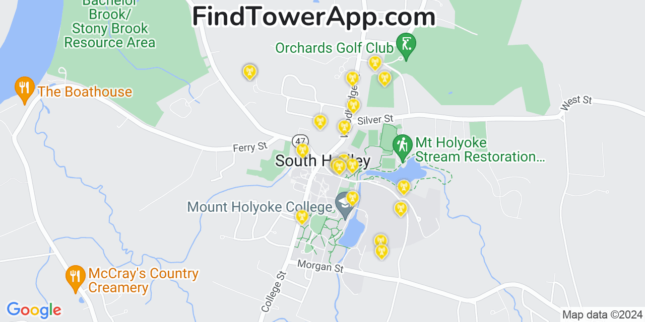 AT&T 4G/5G cell tower coverage map South Hadley, Massachusetts
