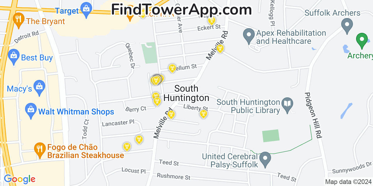 AT&T 4G/5G cell tower coverage map South Huntington, New York