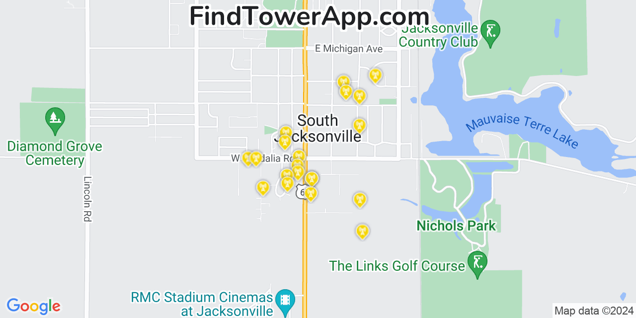 Verizon 4G/5G cell tower coverage map South Jacksonville, Illinois