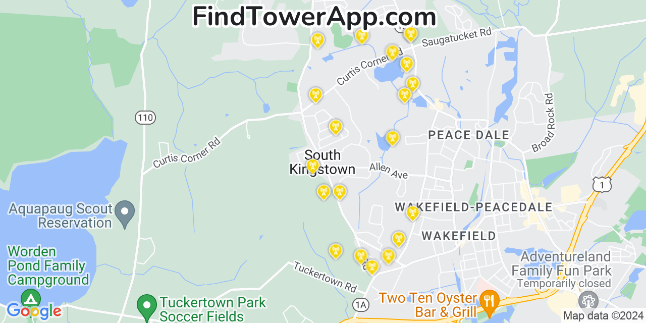 AT&T 4G/5G cell tower coverage map South Kingstown, Rhode Island