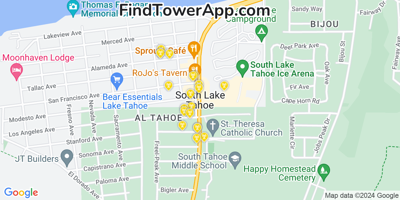 AT&T 4G/5G cell tower coverage map South Lake Tahoe, California