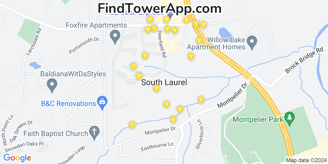 AT&T 4G/5G cell tower coverage map South Laurel, Maryland