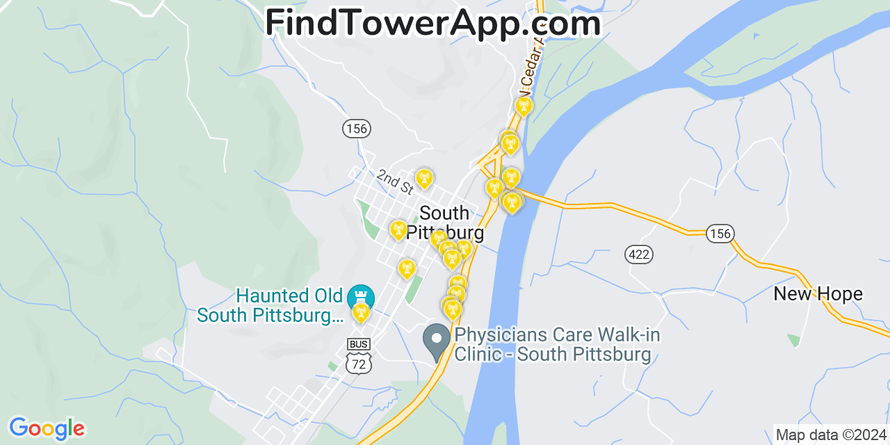 AT&T 4G/5G cell tower coverage map South Pittsburg, Tennessee