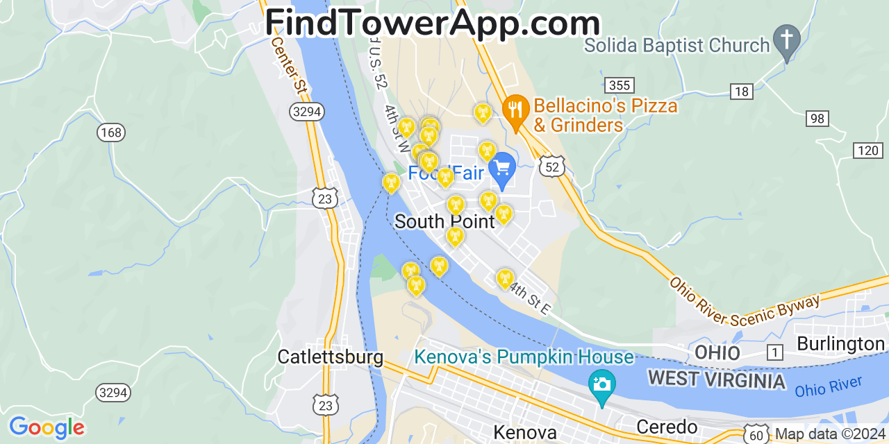 AT&T 4G/5G cell tower coverage map South Point, Ohio