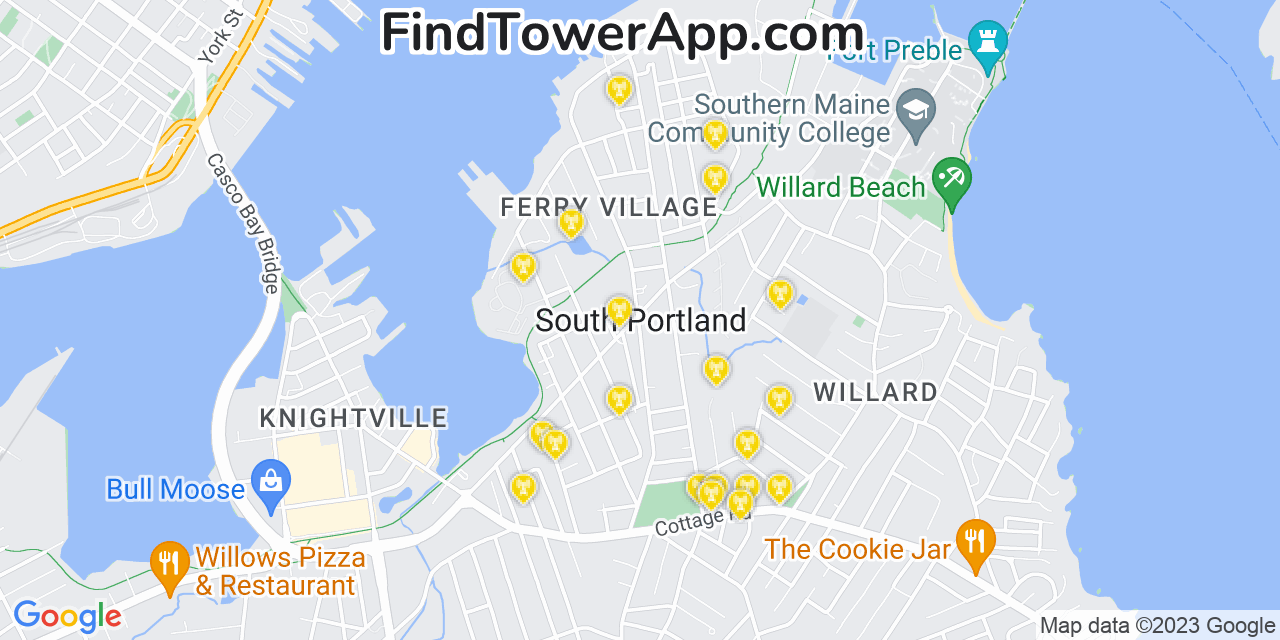 AT&T 4G/5G cell tower coverage map South Portland, Maine