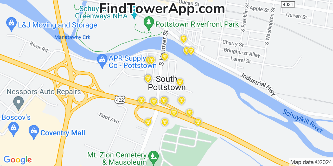 AT&T 4G/5G cell tower coverage map South Pottstown, Pennsylvania