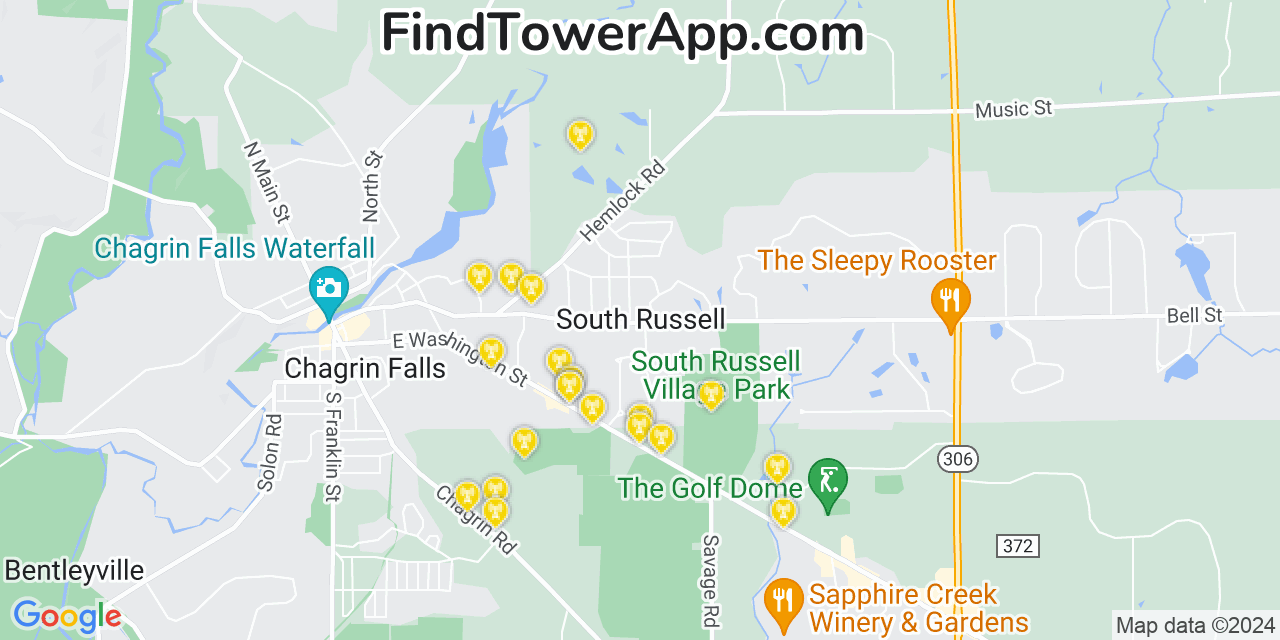 AT&T 4G/5G cell tower coverage map South Russell, Ohio