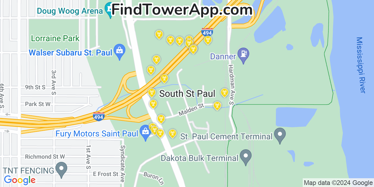 AT&T 4G/5G cell tower coverage map South Saint Paul, Minnesota