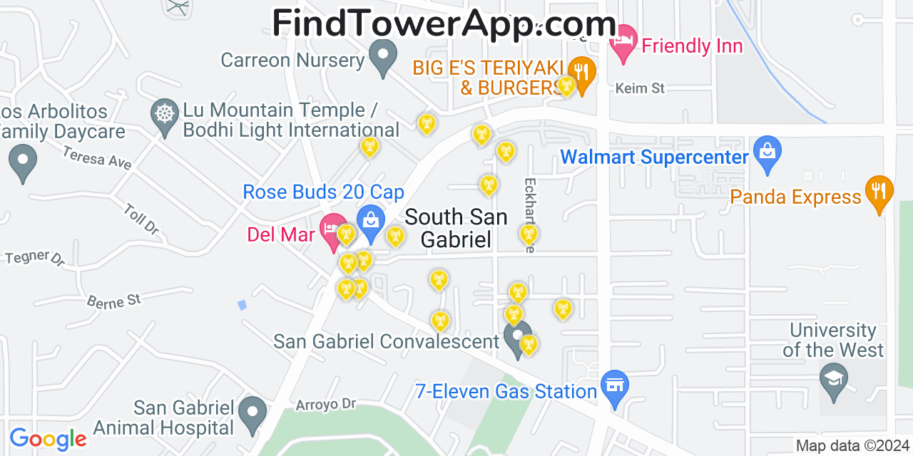 AT&T 4G/5G cell tower coverage map South San Gabriel, California