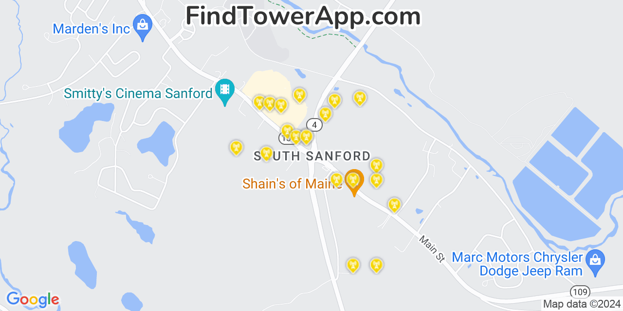 AT&T 4G/5G cell tower coverage map South Sanford, Maine