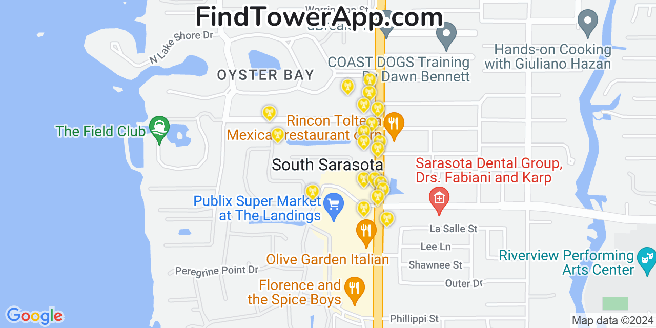 AT&T 4G/5G cell tower coverage map South Sarasota, Florida