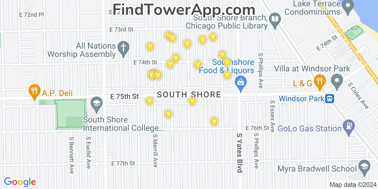 AT&T 4G/5G cell tower coverage map South Shore, Illinois