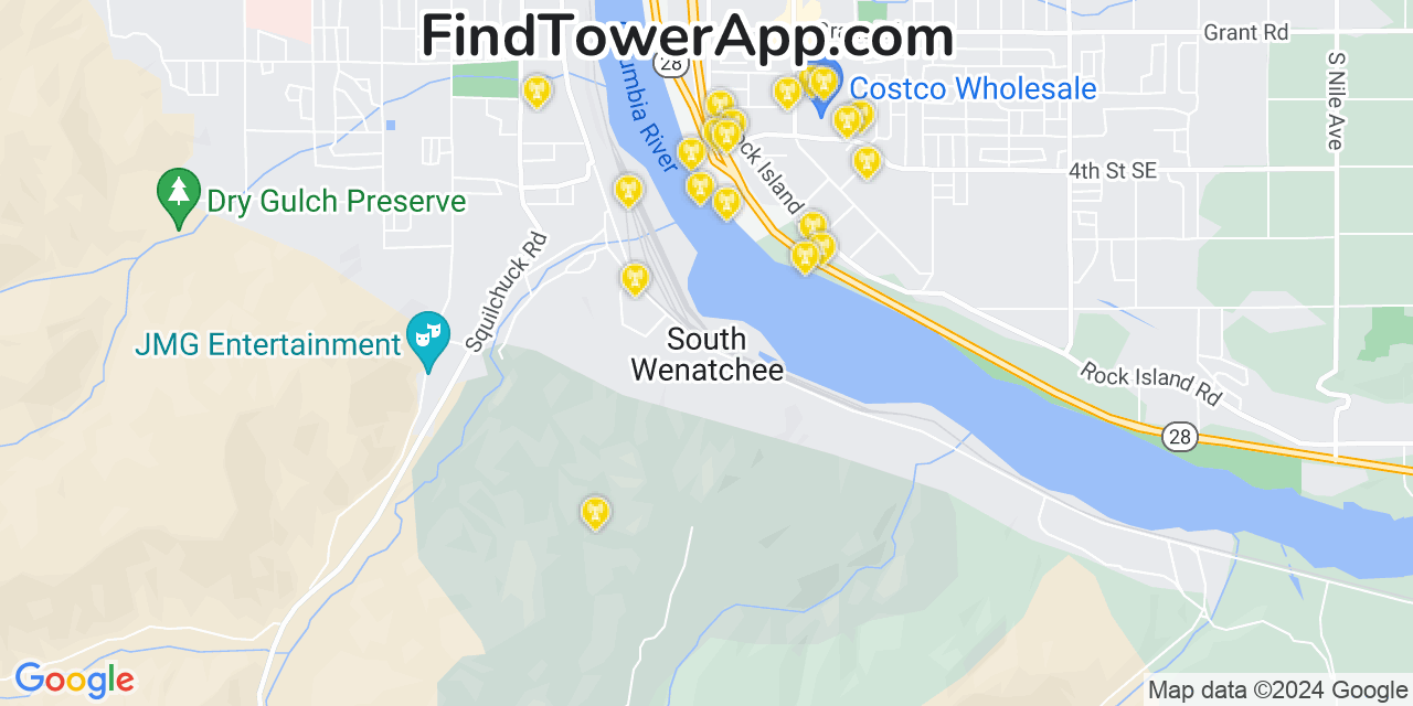 AT&T 4G/5G cell tower coverage map South Wenatchee, Washington