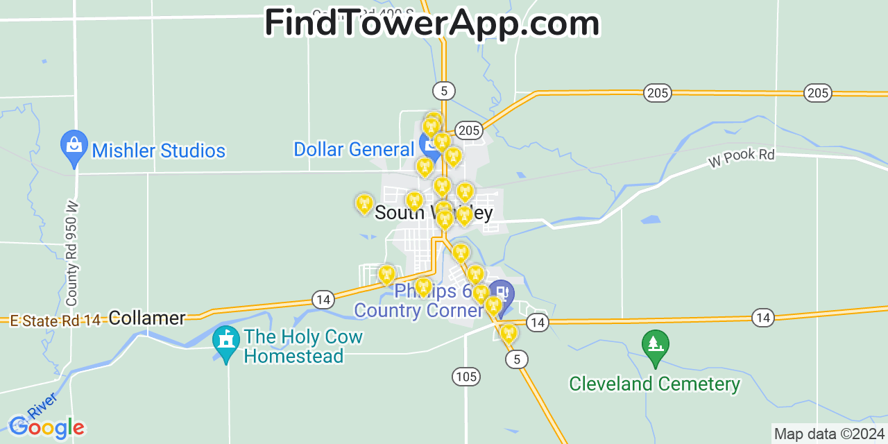 AT&T 4G/5G cell tower coverage map South Whitley, Indiana