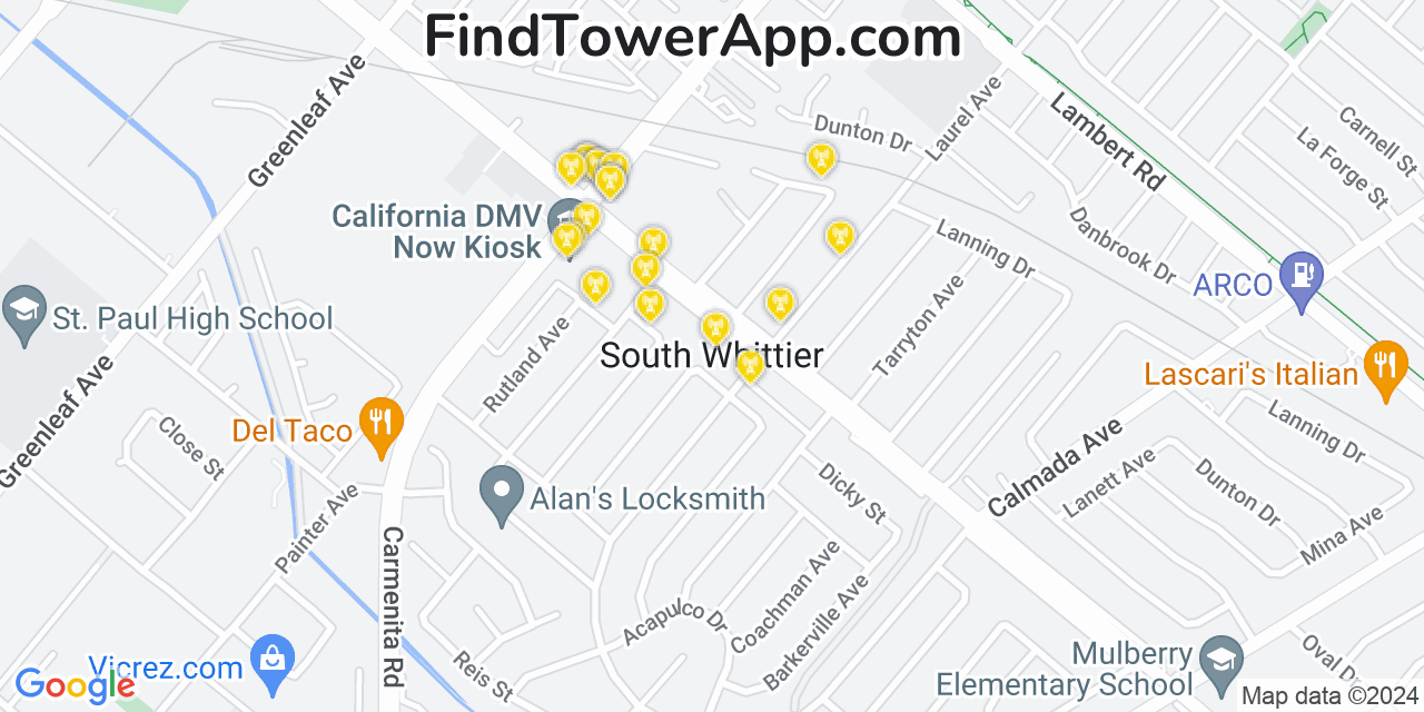 AT&T 4G/5G cell tower coverage map South Whittier, California