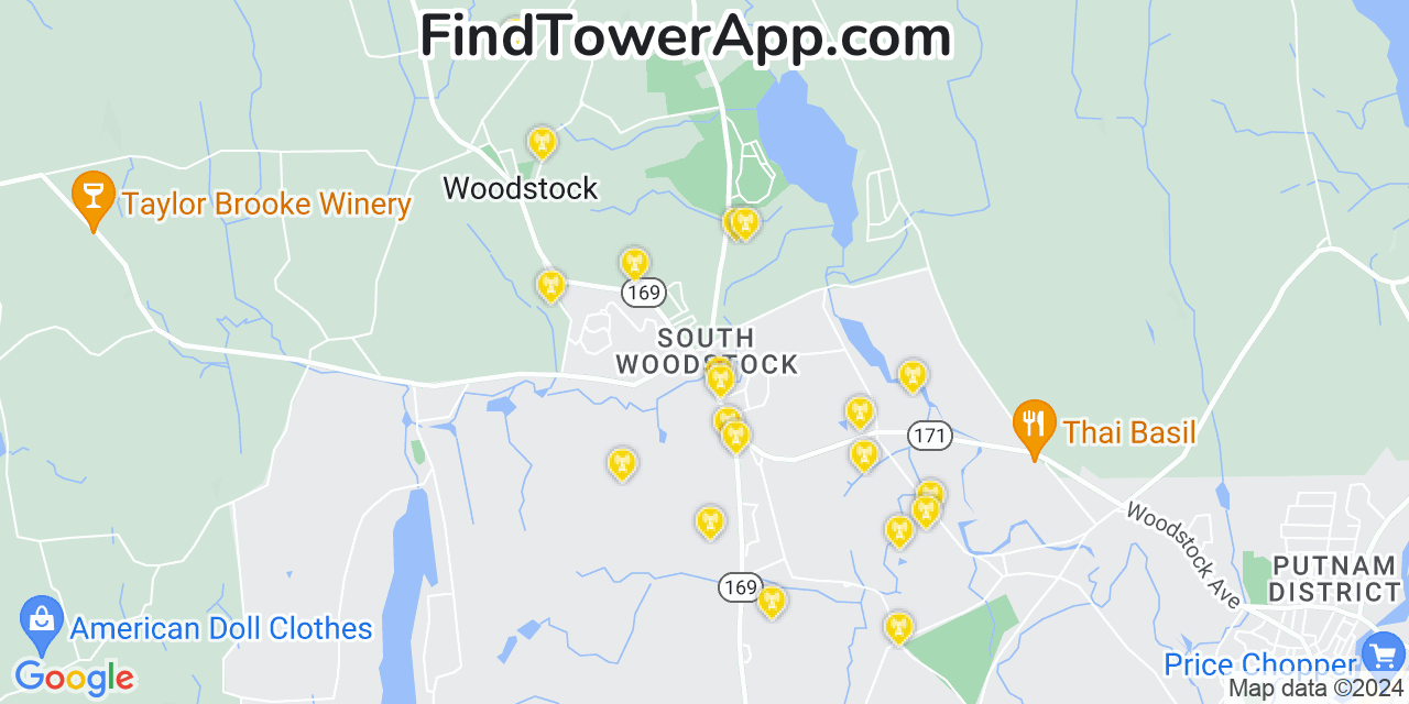 AT&T 4G/5G cell tower coverage map South Woodstock, Connecticut