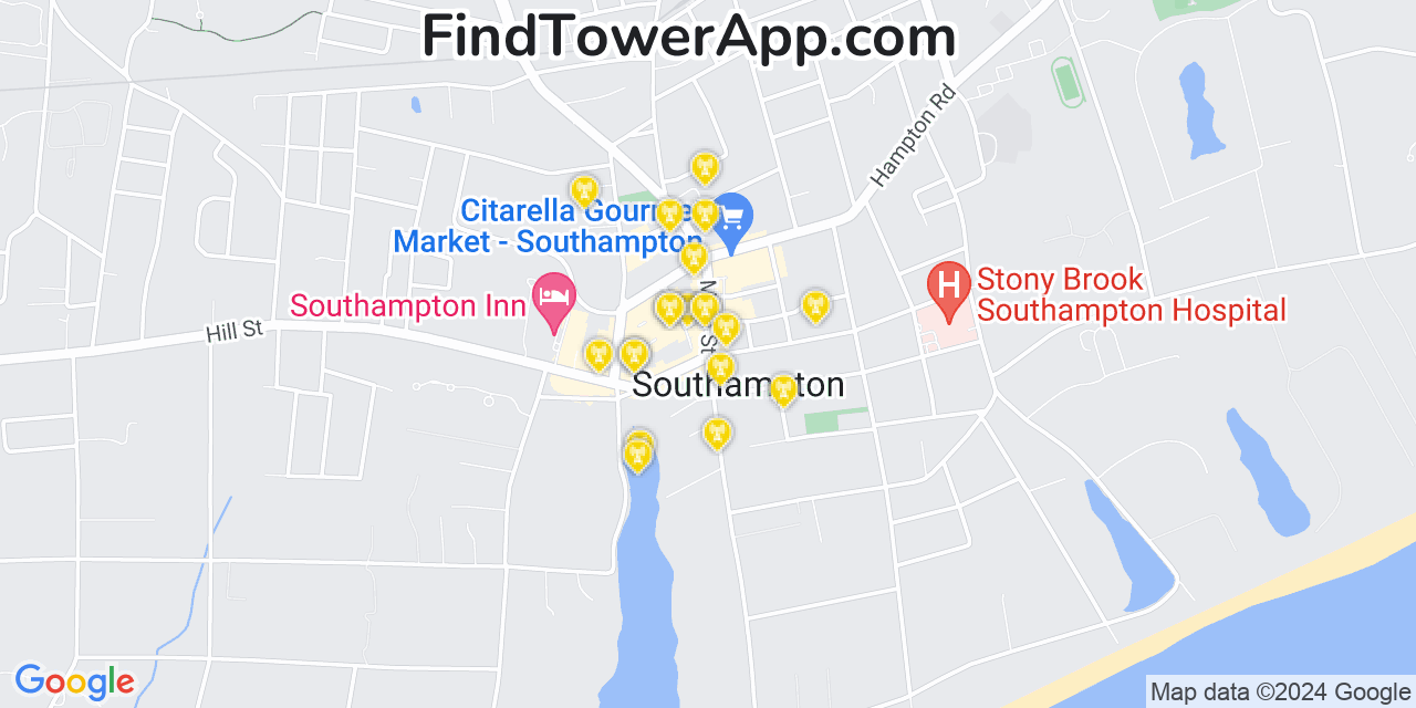 AT&T 4G/5G cell tower coverage map Southampton, New York