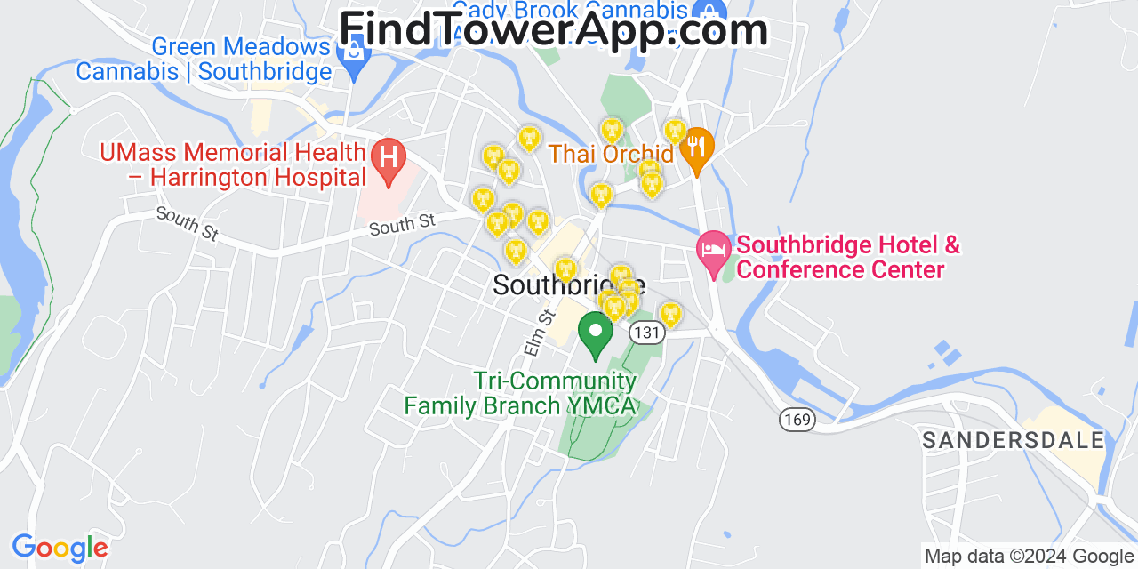 AT&T 4G/5G cell tower coverage map Southbridge, Massachusetts