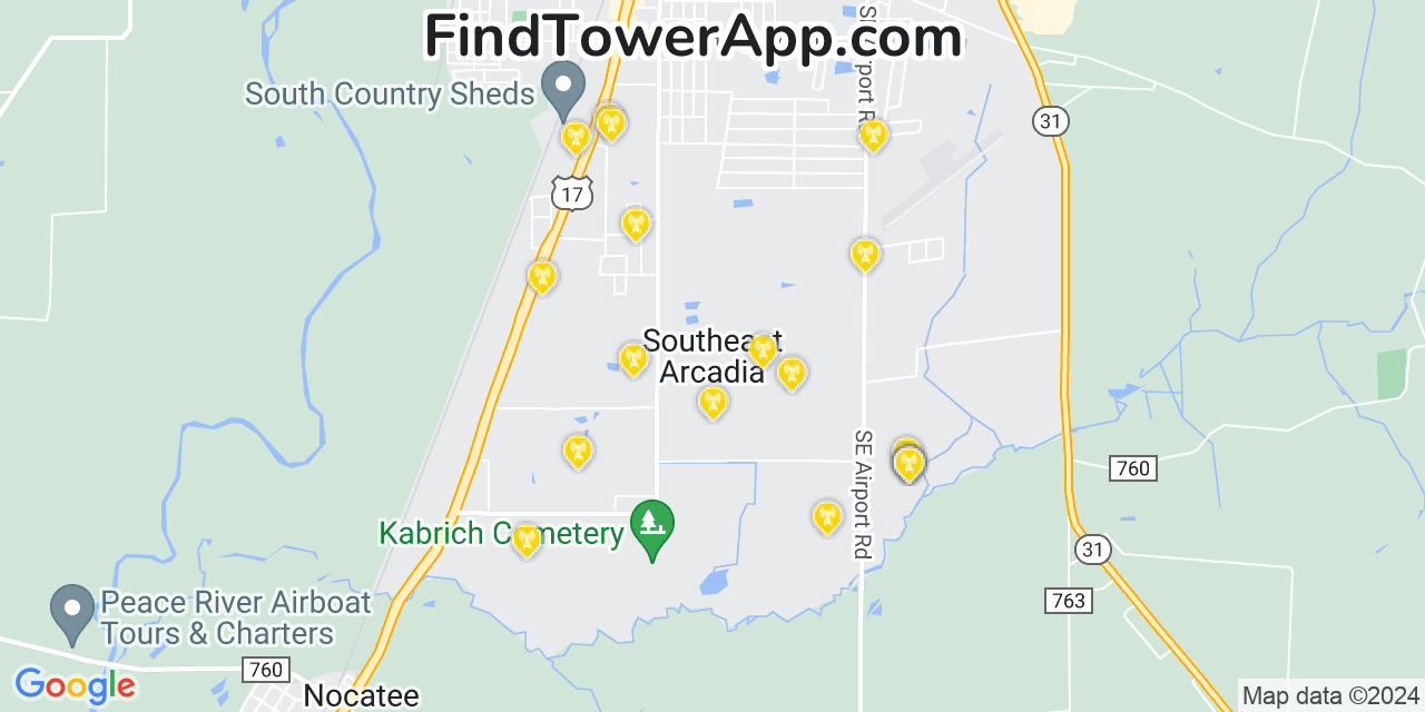 AT&T 4G/5G cell tower coverage map Southeast Arcadia, Florida