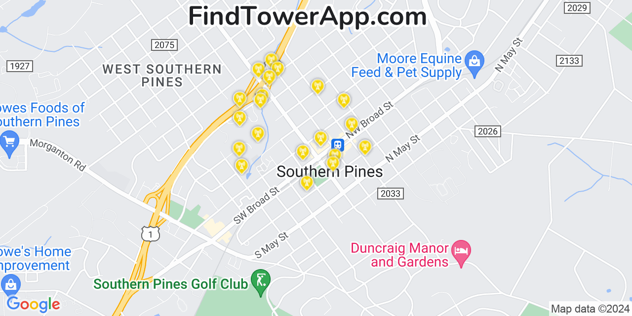 AT&T 4G/5G cell tower coverage map Southern Pines, North Carolina