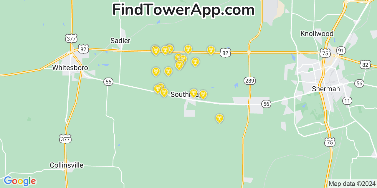 AT&T 4G/5G cell tower coverage map Southmayd, Texas