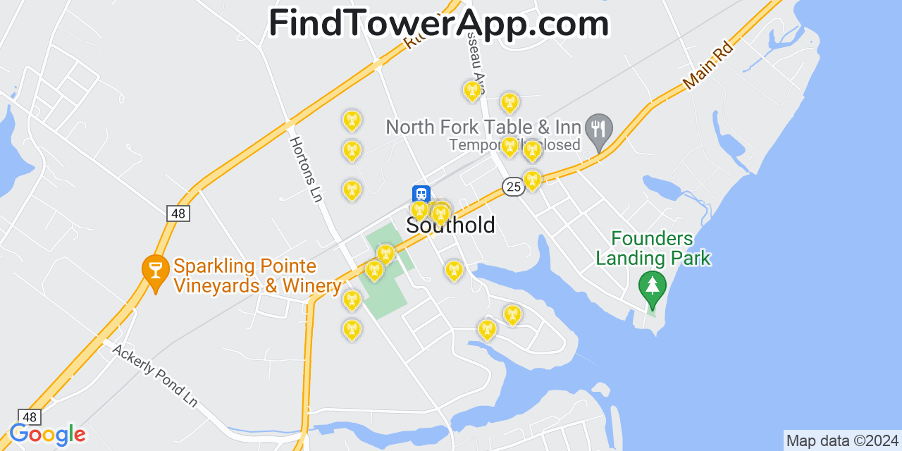 AT&T 4G/5G cell tower coverage map Southold, New York