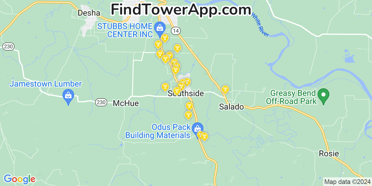 AT&T 4G/5G cell tower coverage map Southside, Arkansas