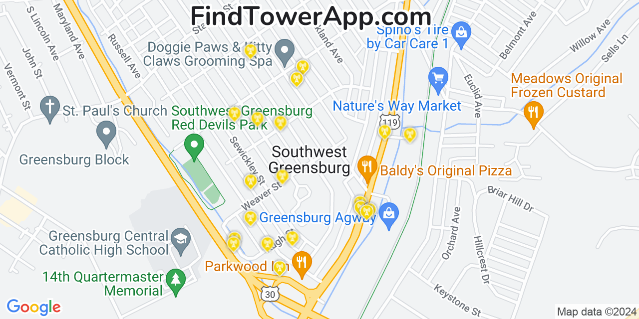 AT&T 4G/5G cell tower coverage map Southwest Greensburg, Pennsylvania