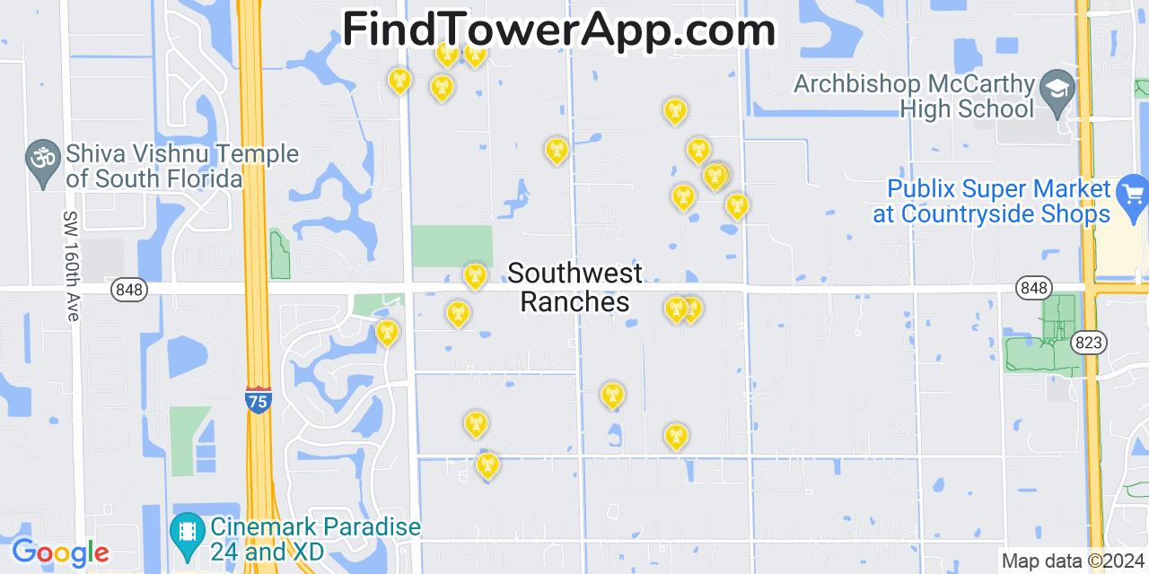 AT&T 4G/5G cell tower coverage map Southwest Ranches, Florida