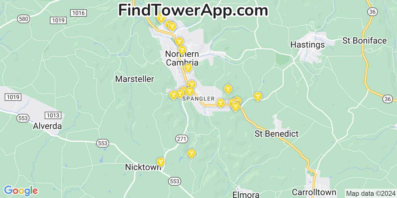 Verizon 4G/5G cell tower coverage map Spangler, Pennsylvania