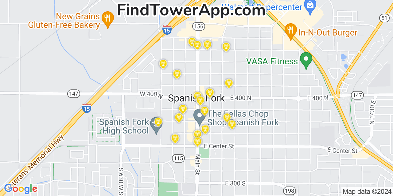 AT&T 4G/5G cell tower coverage map Spanish Fork, Utah