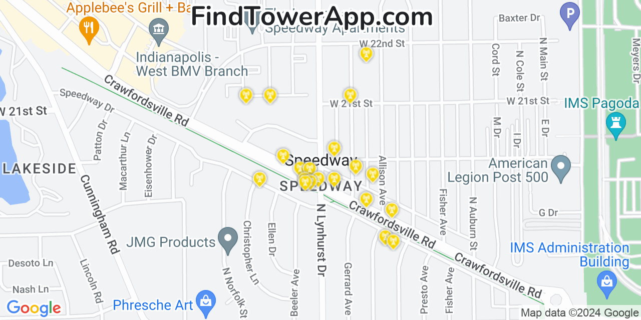 AT&T 4G/5G cell tower coverage map Speedway, Indiana