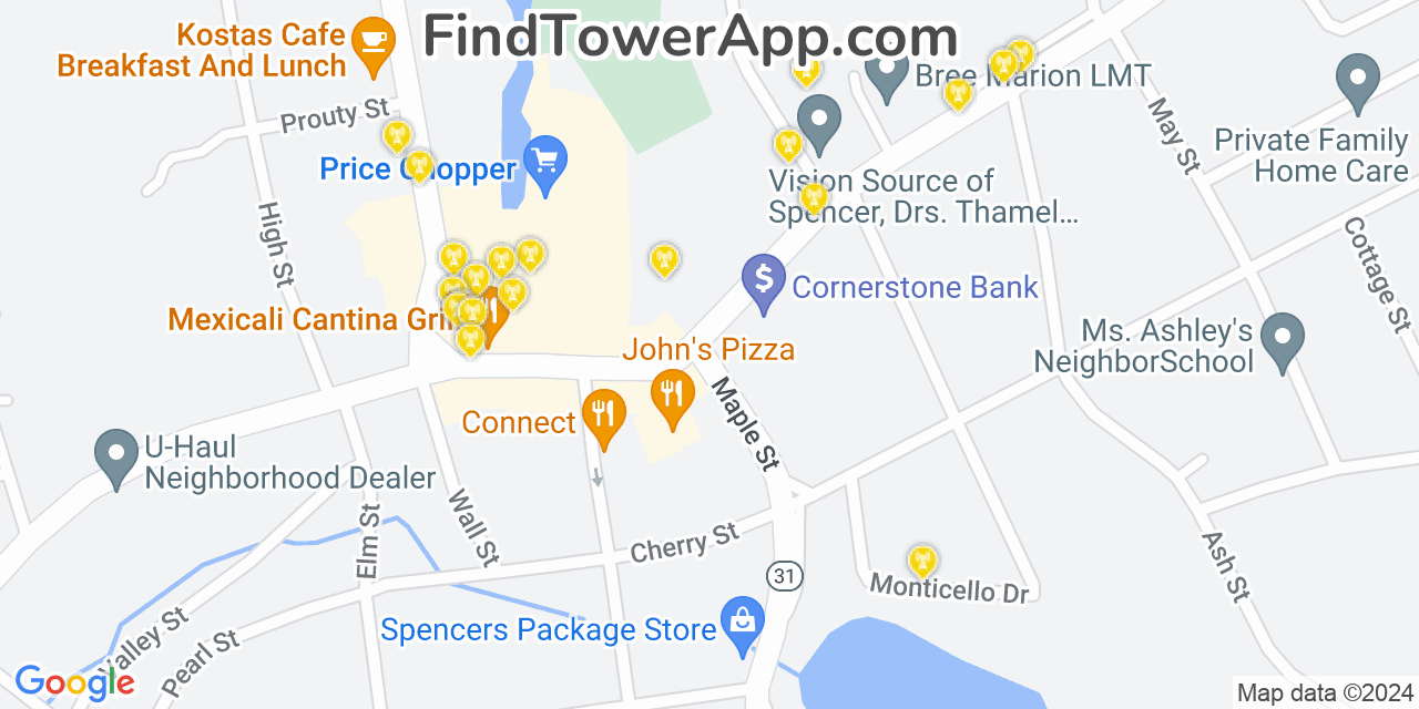 AT&T 4G/5G cell tower coverage map Spencer, Massachusetts
