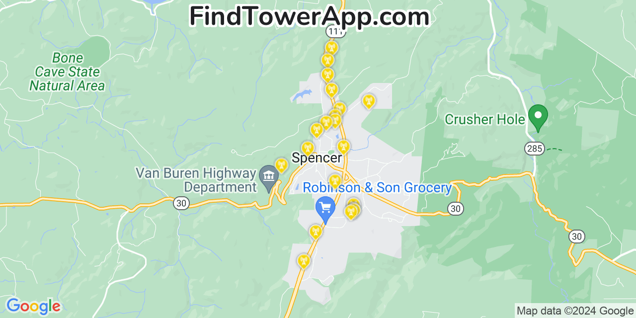 AT&T 4G/5G cell tower coverage map Spencer, Tennessee