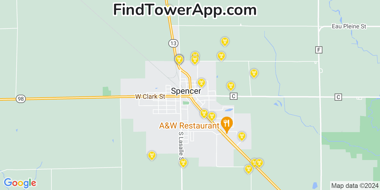 AT&T 4G/5G cell tower coverage map Spencer, Wisconsin