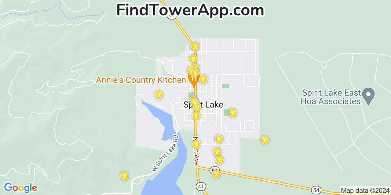 AT&T 4G/5G cell tower coverage map Spirit Lake, Idaho