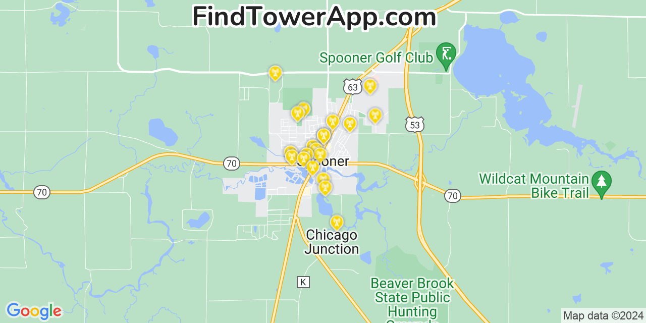 AT&T 4G/5G cell tower coverage map Spooner, Wisconsin