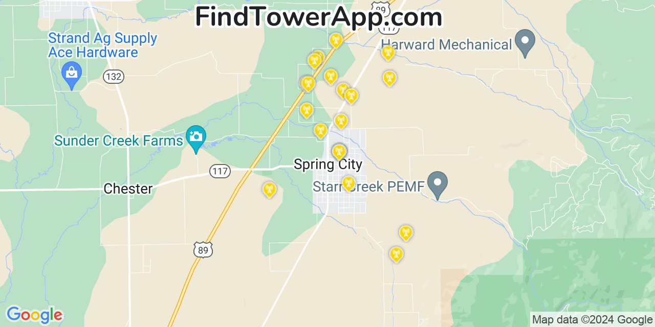 AT&T 4G/5G cell tower coverage map Spring City, Utah