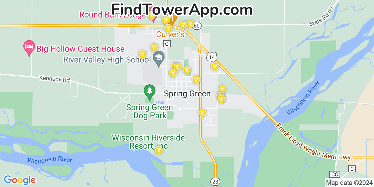 AT&T 4G/5G cell tower coverage map Spring Green, Wisconsin