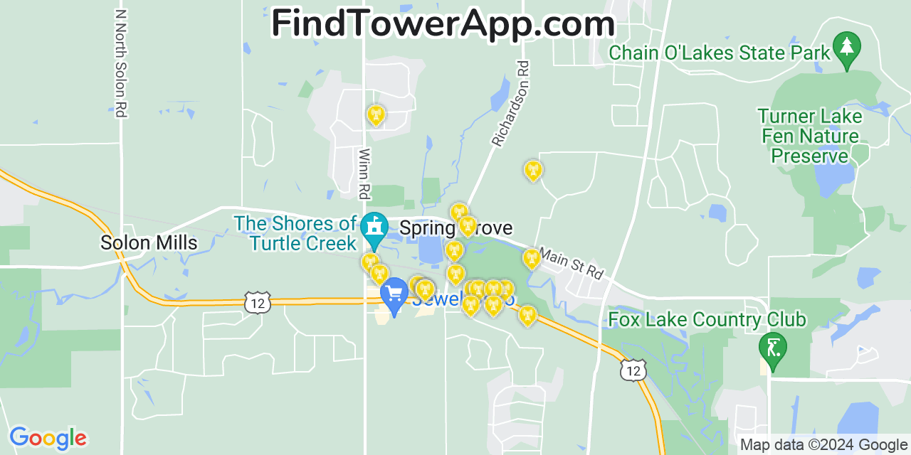 AT&T 4G/5G cell tower coverage map Spring Grove, Illinois